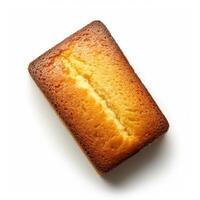 Golden, freshly baked rectangular cake with a moist center and crispy edges, perfect for dessert and snacking, isolated on a white background. photo
