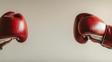 Two pairs of boxing gloves touching before a match, neutral background, focused lighting, large area for text, banner design photo