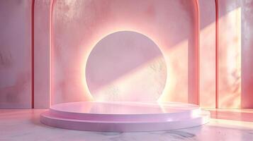 The image is a 3D rendering of a pink marble podium with a pink background. The podium is lit by a soft pink light. photo