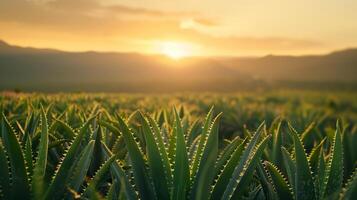 A breathtaking scene of a vast Aloe Vera field bathed in the golden glow of a setting sun, nestled against a backdrop of distant mountains, capturing the essence of serene beauty in nature. photo