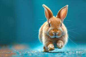 Adorable brown baby rabbit hopping on a blue background, capturing the essence of playfulness and innocence in a vibrant setting. photo