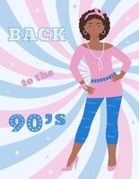 A4 poster with a girl in a retro style tunic and leggings. 90 characters. y2k characters. Fashion of the 90s. vector