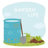 A composition of a garden barrel, watering can, pitchfork, tree with leaves. vector