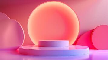 A captivating 3D display highlighted by a vibrant orb against a gradient backdrop, blending modern design with a palette of dynamic pinks and purples. photo