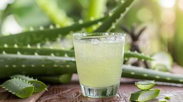 A glass of aloe vera juice on a wooden table. The glass is placed on aloe vera leaves. In the background, there is an aloe vera plant. photo