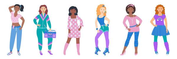 A set of girls in retro style. 90 characters. y2k characters. Fashion of the 90s. vector