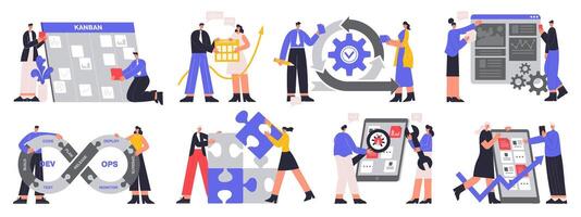 Agile project management, devOps team and scrum task board. Software developers, it devOps team and agile workflow illustration set. Project life cycle vector