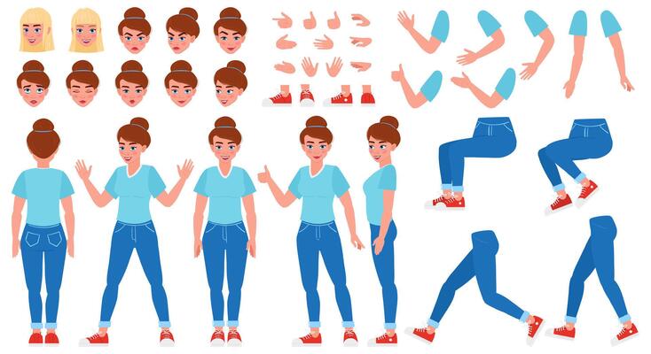 Cartoon girl character creation constructor with poses and facial expressions. Woman character body parts creation elements illustration set. Girl poses construction