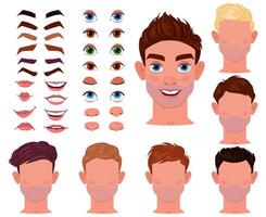 Cartoon man face constructor, male character creator. Male face generator with eyes, brows, lips and noses illustration set. Young guy avatar creation elements vector