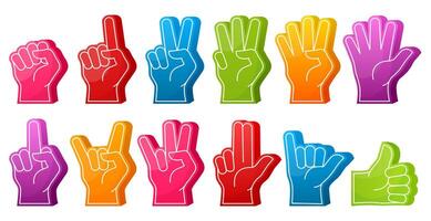 Fan foam fingers, sports fan support hands with different gestures. Fist place, thumb up and ok sign foam finger gestures symbols set. Sports team support fan hands vector