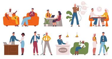 Television famous person interview, tv host talk to celebrities. Internet or tv broadcast show celebrity interview illustration set. Famous persons giving Interview vector