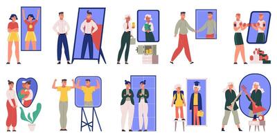 Characters see dreamy reflection in mirror, ambition, motivation scenes. Self confidence person illustration set. People dream of best version of themselves vector