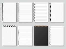Realistic notepapers, spiral binding notebook, sketchbook or calendar. Open and closed diary, organiser or copybook illustration set. Blank notebook mockups vector