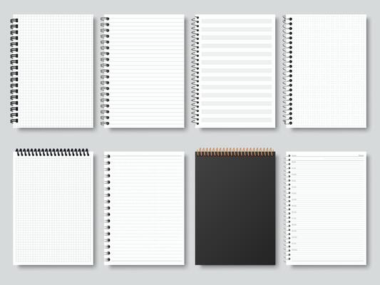 Realistic notepapers, spiral binding notebook, sketchbook or calendar. Open and closed diary, organiser or copybook illustration set. Blank notebook mockups