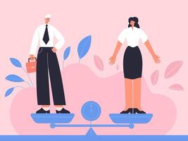 Gender career equality, male and female equal work opportunities. Equal social weigh, work opportunities scale metaphor illustration. Business male and female equality vector