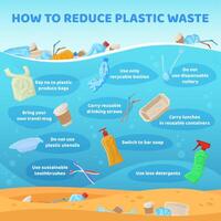 Reduce plastic waste infographic, disposable trash nature pollution. How to reduce plastic pollution scheme illustration. Environmental care, ocean pollution reduce vector
