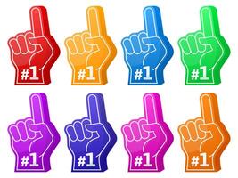 Foam fan finger, number one sports fan support foam hands gesture. Sports team support foam fingers victory gesture illustration set. Fist place foam finger gesture vector
