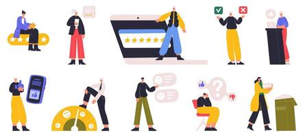 Online survey, people choosing answer or giving feedback. Characters making decision, rating, filling survey list illustration set. Customer service survey vector