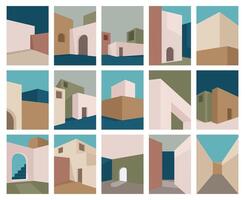 Modern building, abstract geometric architecture elements posters. Minimalistic city building abstraction covers illustration set. Architecture abstract posters vector