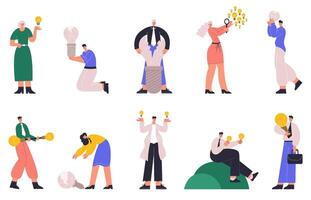 Business people having good ideas and no idea unsuccessful characters. Light bulbs creative ideas metaphor flat illustration set. Business idea generating vector