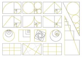 Golden ratio, divine proportions, golden fibonacci numbers spiral. Golden proportion fibonacci array illustration set. Sacred geometry proportion signs vector