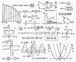 Mathematical algebra formulas, doodle equation and graphics signs. Math, geometry or physics formulas and equations illustration set. Science calculation symbols vector