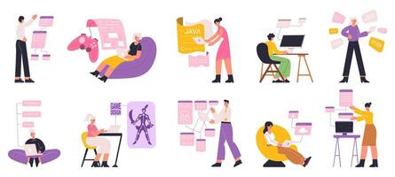 Programmers, web, software engineers and game designers. Web, game development, script coding, software developers flat illustration set. Digital development workers vector
