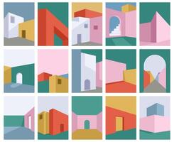 Abstract modern building, minimal architecture geometric shapes covers. Minimal architectural building posters illustration set. Modern building cards vector