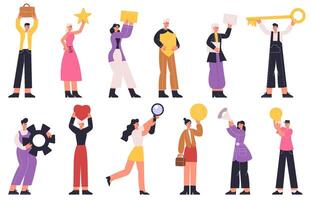 People holding big occupation signs, objects or items. Tiny people with different tools, heart, key, light bulb illustration set. Occupations or activities metaphor vector