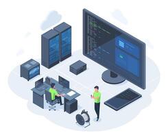 Isometric 3d web hosting, database network server concept. Cloud network technology server engineers illustration. Server equipment maintain service vector