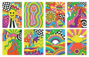Hippie style, groovy vibes retro psychedelic art posters. Abstract 70s rainbow, sun, flowers hipster covers illustration set. Psychedelic groovy retro backgrounds vector