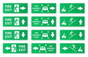 Emergency exit green signs, fire exit, fire assembly point symbols. Evacuation lane, running man and arrow sign green plates illustration set. Fire exit direction vector