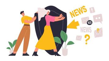 Overloading people, social media spam information overload. Characters holds social media info protection shield flat illustration. Information overload protection vector