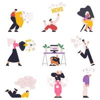 Information overload, anxiety people with news, data congestion. People hide from social media information overloading illustration set. Internet stream overload vector