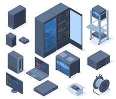 Isometric data center, network technology and hosting servers equipment. Network server room, cloud database station illustration set. Computer network technology vector