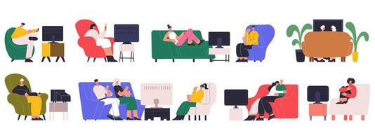 People watching tv, couple, family resting on couch at home. Characters at home watching movie or playing games illustration set. Person spending time tv viewing vector