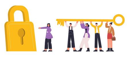 Tiny people carry giant golden key, success teamwork concept. Business characters hold golden key, unlock new opportunities illustration. Teamwork cooperation concept vector