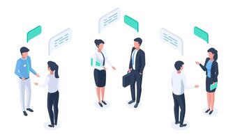 Isometric business people, speech bubble communication, brainstorming or discuss. Social network communication characters illustration. Business partners communicate vector