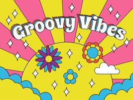 Groovy retro vibes, psychedelic style 70s hipster poster. Hippie style, abstract rainbow sun and flowers hipster background illustration. Retro psychedelic cover vector