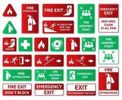 Fire safety, emergency signs, first aid, assembly point and exit symbols. Emergency fire hazard alarm, first aid symbols illustration set. Emergency, fire exit icons vector