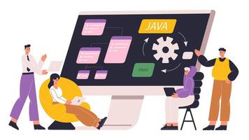 Program development, software engineering and game design concept. Javascript programmers and script writers flat illustration. Software development project team vector