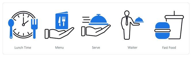 A set of 5 Restaurant icons as lunch time, menu, serve vector