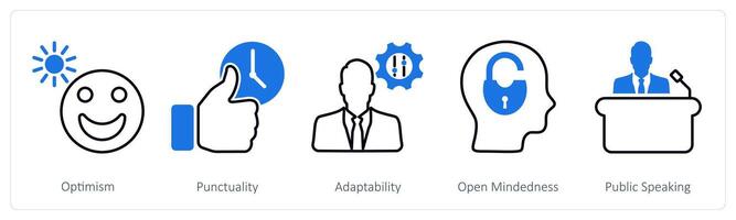 A set of 5 Soft Skills icons as optimism, punctuality, adaptability vector