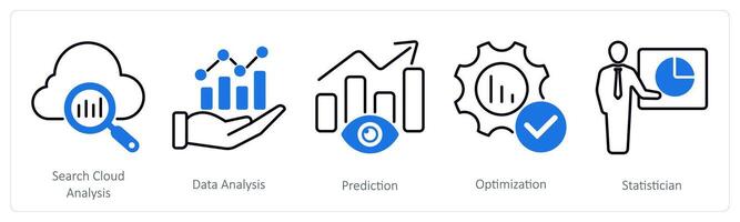 A set of 5 Statistics icons as search cloud analysis, data analysis, prediction vector