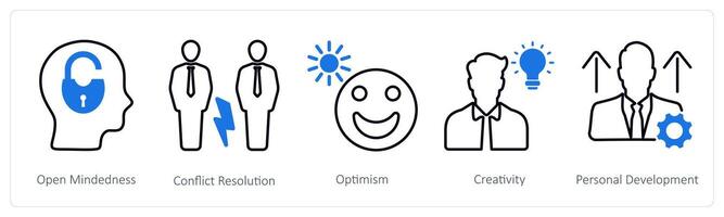 A set of 5 Soft Skills icons as open mindedness, conflict resolution, optimism vector