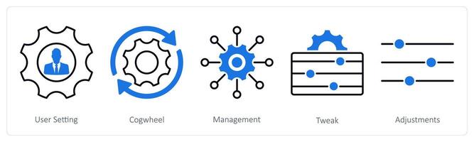 A set of 5 Settings icons as user setting, cogwheel, management vector