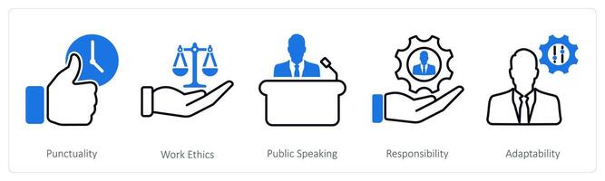 A set of 5 Soft Skills icons as punctuality, work ethics, public speaking vector