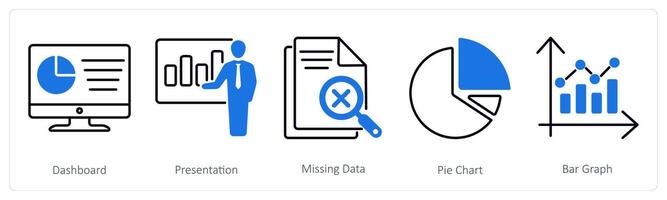 A set of 5 Statistics icons as dashboard, presentation, missing data vector