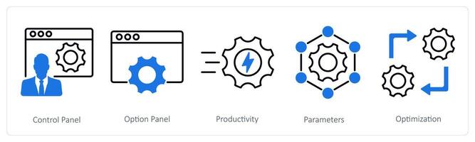 A set of 5 Settings icons as control panel, option paanel, productivity vector
