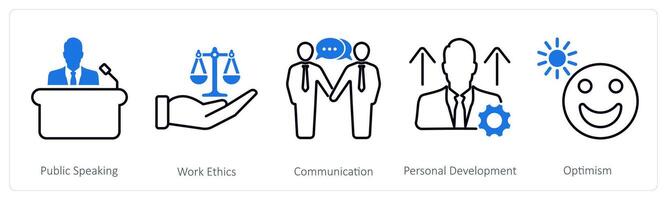 A set of 5 Soft Skills icons as public speaking, work ethics, communication vector